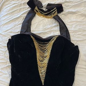 Vintage 80s Black Velvet Dress with Neck Choker and Gold Beading